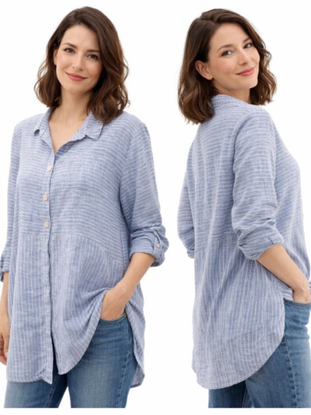 Habitat Linen Button Down Shirt Lagenlook Blue White Stripe Size Medium